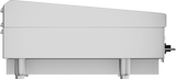 A side view of a large, rectangular, stainless steel heavy duty griddle on four legs, with a control knob and spout visible on the right. The sleek, modern 60" griddle features a slightly sloped top and is perfect for high-volume kitchens.