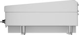 Side view of a modern stainless steel electric countertop griddle, likely a heavy duty griddle, with a sleek rectangular shape, vent at the left end, and three short cylindrical legs. The appliance has a smooth, simple, and industrial design.