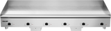 A heavy duty griddle, the Vulcan 72 inch electric countertop griddle features five black control knobs, red indicator lights, a smooth stainless steel cooking surface with a tall backsplash, and sturdy legs supporting the base.