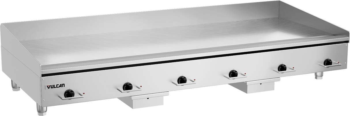 A large, heavy duty 72" stainless steel commercial griddle with five black control knobs, indicator lights above each, and a raised back and sides. The “Vulcan” brand appears on the front left. The smooth surface is clean and shiny.