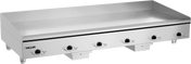 A large, heavy duty 72" stainless steel commercial griddle with five black control knobs, indicator lights above each, and a raised back and sides. The “Vulcan” brand appears on the front left. The smooth surface is clean and shiny.