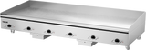 A large, stainless steel electric countertop griddle with six black control knobs along the front. The 72 inch heavy duty griddle features a flat cooking surface and minimalist design, with the brand name “Vulcan” on the left side.
