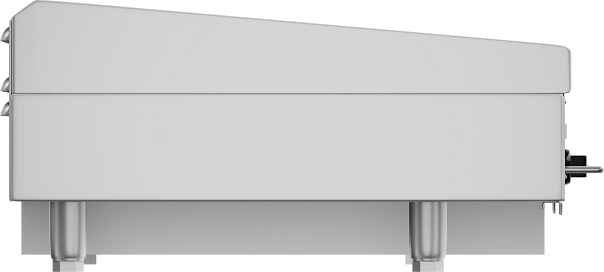 A side view of a large, industrial 72 inch griddle on four legs with a slanted top and visible control valve on the right side; background is transparent.