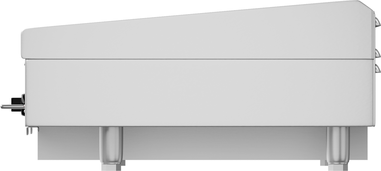 Side view of a modern, stainless steel electric countertop griddle with a slanted lid, three visible control knobs, and four sturdy legs. This heavy duty griddle features a sleek, minimalist design ideal for professional use.