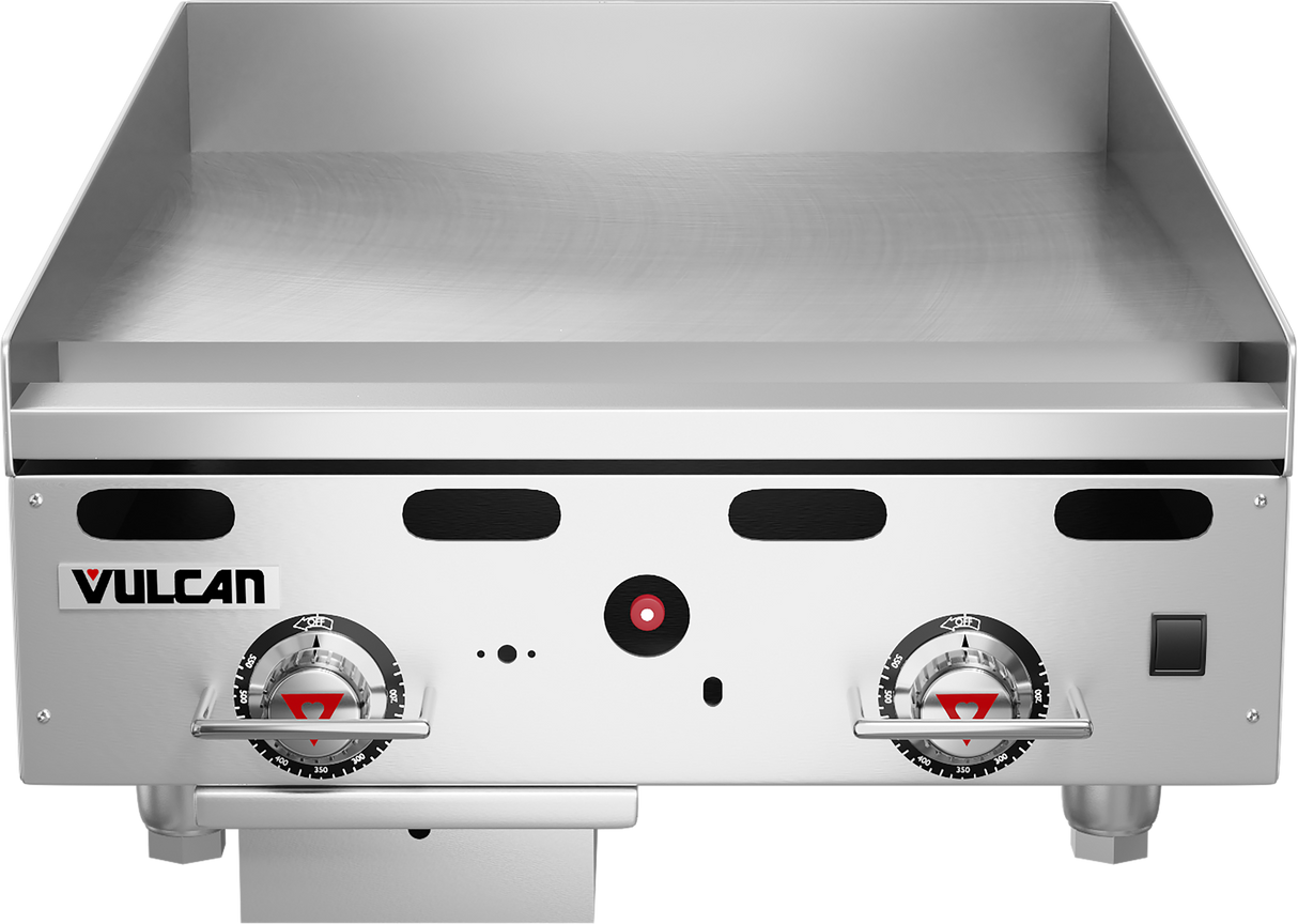 A Vulcan Heavy Duty Griddle with two control knobs, a flat 24" cooking surface, raised back and sides, and a front grease trough. This stainless steel gas countertop griddle is perfect for commercial kitchens.