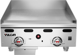 A Vulcan Heavy Duty Griddle with two control knobs, a flat 24" cooking surface, raised back and sides, and a front grease trough. This stainless steel gas countertop griddle is perfect for commercial kitchens.