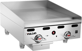 A heavy duty Vulcan 24" gas countertop griddle with two control knobs, a flat stainless steel cooking surface, short legs, and a grease tray underneath. The front panel displays the Vulcan logo and indicator lights.