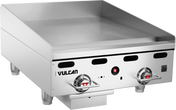 A heavy duty Vulcan 24" gas countertop griddle with two control knobs, a flat stainless steel cooking surface, short legs, and a grease tray underneath. The front panel displays the Vulcan logo and indicator lights.