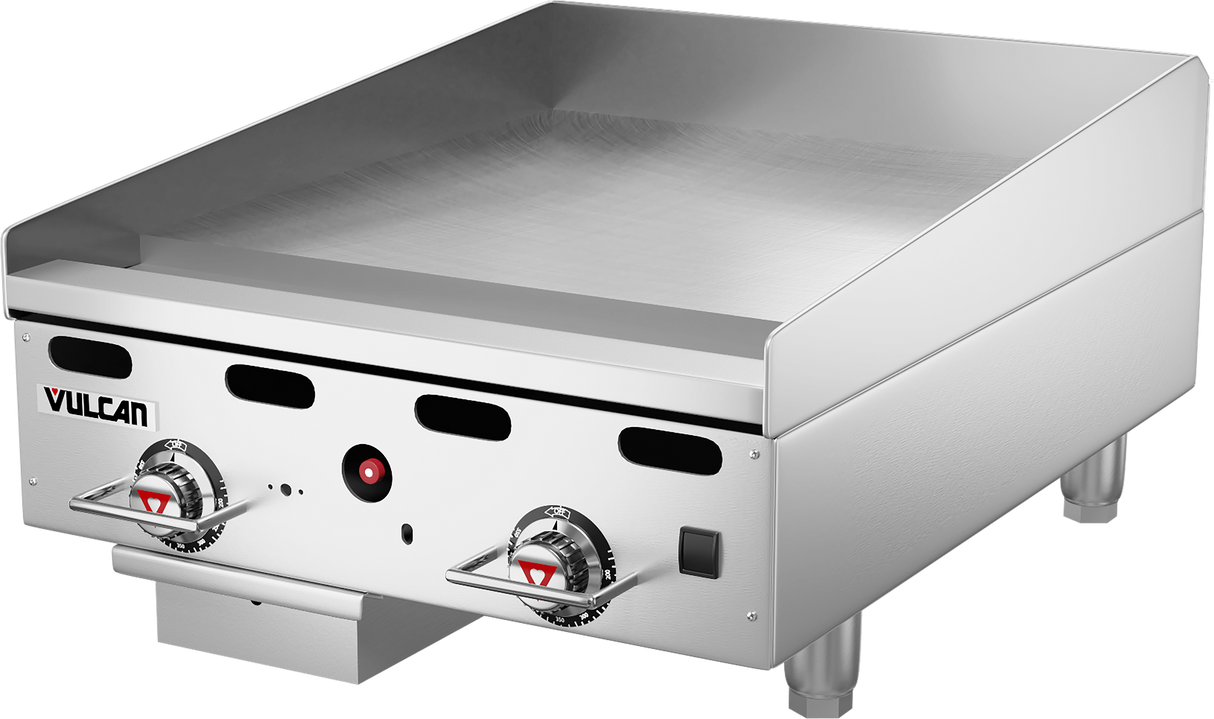 A heavy duty 24" gas countertop griddle with two control knobs, a flat stainless steel cooking surface, a small front drawer, and Vulcan branding. Sturdy short legs and raised back and side edges complete the commercial design.