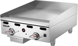 A heavy duty 24" gas countertop griddle with two control knobs, a flat stainless steel cooking surface, a small front drawer, and Vulcan branding. Sturdy short legs and raised back and side edges complete the commercial design.