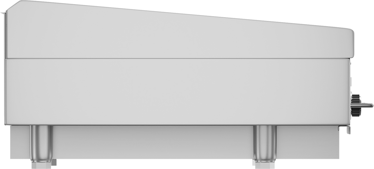 Side view of a modern, rectangular 24" Heavy Duty Griddle for commercial kitchens, featuring a slanted top. It stands on four sturdy cylindrical legs with a right-side handle and has a smooth, metallic finish—ideal as a reliable gas countertop griddle.