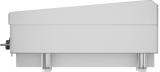 Side view of a modern, rectangular 24" Gas Countertop Griddle with a slightly slanted top, metal legs, and a control knob on the left side. The minimalist design features clean lines, a smooth finish, and a transparent background.