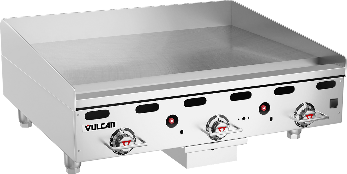 A stainless steel Heavy Duty Griddle with three red-and-silver control knobs, black air vents, raised sides, and the Vulcan logo on the front left. This 36" countertop gas griddle features a smooth flat cooking surface and sits on four short legs.
