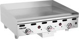 A stainless steel Heavy Duty Griddle with three red-and-silver control knobs, black air vents, raised sides, and the Vulcan logo on the front left. This 36" countertop gas griddle features a smooth flat cooking surface and sits on four short legs.