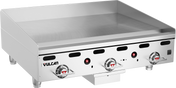A stainless steel Heavy Duty Griddle with three red-and-silver control knobs, black air vents, raised sides, and the Vulcan logo on the front left. This 36" countertop gas griddle features a smooth flat cooking surface and sits on four short legs.