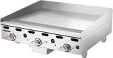 A stainless steel Vulcan 36 inch heavy duty griddle with a smooth flat cooking surface, three control knobs, red indicator lights, and short metal legs. This countertop gas griddle features a raised backsplash and sleek, modern appearance for restaurant kitchens.
