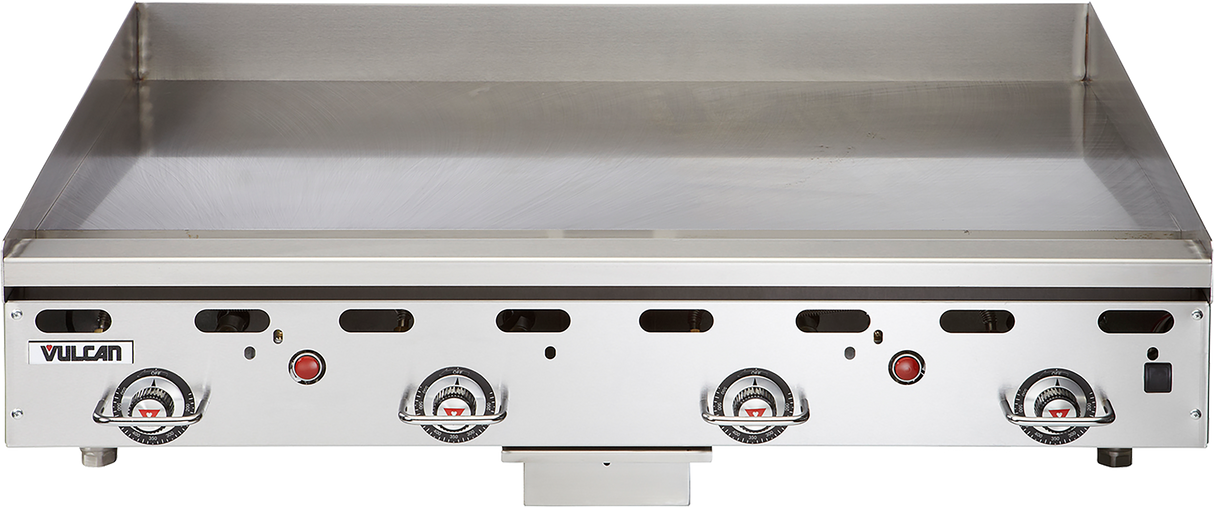 Commercial stainless steel 48 inch griddle with four temperature-marked control knobs. The Vulcan brand is on the lower left. This heavy duty griddle features a smooth cooking surface, high backsplash, and central grease tray for convenience.