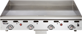 A commercial-grade stainless steel Vulcan 48 inch heavy duty griddle is shown. It features four control knobs and indicator lights along the front panel, a large, smooth cooking surface, and a raised backsplash at the back.