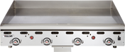 A commercial-grade stainless steel Vulcan 48 inch heavy duty griddle is shown. It features four control knobs and indicator lights along the front panel, a large, smooth cooking surface, and a raised backsplash at the back.