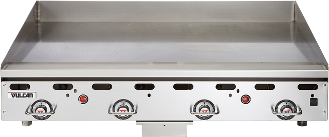 A commercial-grade stainless steel Vulcan 48 inch heavy duty griddle is shown. It features four control knobs and indicator lights along the front panel, a large, smooth cooking surface, and a raised backsplash at the back.
