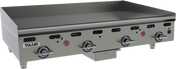 A heavy duty gas countertop griddle, this 48 inch stainless steel Vulcan unit features four control knobs, a raised flat cooking surface, short legs for counters, plus front ventilation slots and indicator markings around each knob.