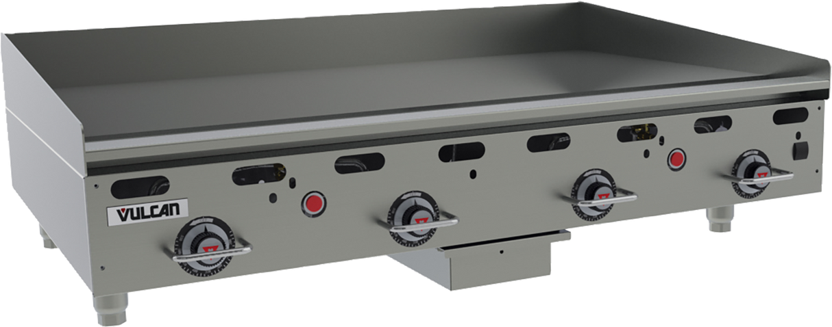 A heavy duty, 48 inch countertop gas griddle with four red-accented control knobs. This stainless steel Vulcan grill features short legs and a smooth flat top cooking surface ideal for any commercial kitchen.