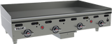 A heavy duty, 48 inch countertop gas griddle with four red-accented control knobs. This stainless steel Vulcan grill features short legs and a smooth flat top cooking surface ideal for any commercial kitchen.