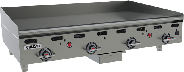 A heavy duty, 48 inch countertop gas griddle with four red-accented control knobs. This stainless steel Vulcan grill features short legs and a smooth flat top cooking surface ideal for any commercial kitchen.