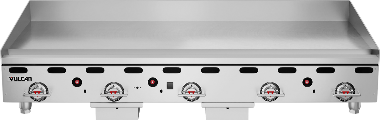 A heavy duty countertop gas griddle, this 60 inch stainless steel unit features four round control knobs, ventilation slots, drip trays, and the Vulcan brand logo. The wide cooking surface is smooth and raised at the back and sides.