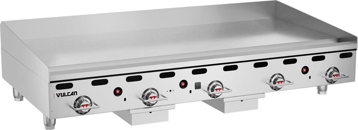 A commercial stainless steel countertop gas griddle by Vulcan with five control knobs, black indicator markings, and red accents. The flat, spacious 60 inch griddle surface is designed for high-capacity food preparation in professional kitchens.