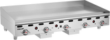 A commercial stainless steel countertop gas griddle by Vulcan with five control knobs, black indicator markings, and red accents. The flat, spacious 60 inch griddle surface is designed for high-capacity food preparation in professional kitchens.