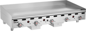 A commercial stainless steel countertop gas griddle by Vulcan with five control knobs, black indicator markings, and red accents. The flat, spacious 60 inch griddle surface is designed for high-capacity food preparation in professional kitchens.