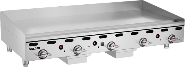 A commercial stainless steel countertop gas griddle by Vulcan with five control knobs, black indicator markings, and red accents. The flat, spacious 60 inch griddle surface is designed for high-capacity food preparation in professional kitchens.