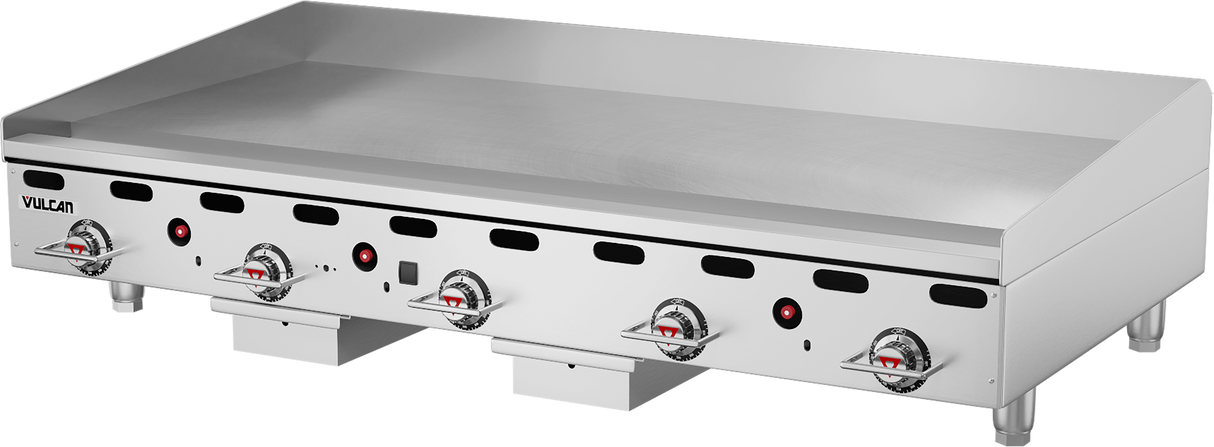 A large commercial Vulcan countertop gas griddle features four control knobs, indicator lights, sturdy legs, an angled backsplash, and a smooth cooking surface—making this 60 inch Heavy Duty Griddle ideal for demanding kitchen use.
