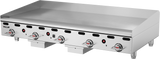 A heavy duty 60" countertop gas griddle with five control knobs, red indicator lights, vent slots, and adjustable legs. The spacious flat cooking surface features a raised backsplash, and the Vulcan brand is visible on the front left corner.
