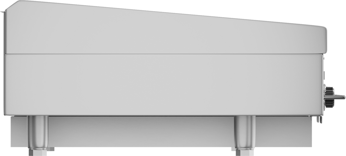 A side view of a modern, stainless steel countertop gas griddle with a slanted top, four sturdy legs, and a chrome control knob on the right side. This heavy duty griddle features a sleek, industrial design ideal for professional kitchens.