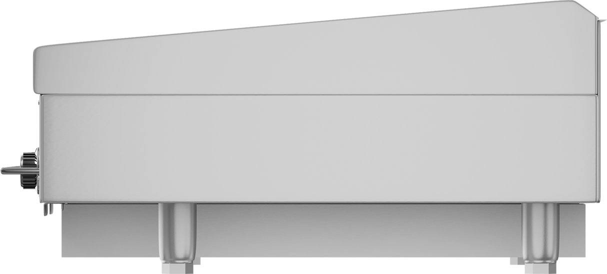 A large, metallic, rectangular Heavy Duty Griddle is shown from the side. It stands on four sturdy legs, with a control knob and handle on the left. The modern, utilitarian design includes an angled raised section on top.