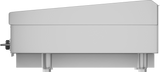 A large, metallic, rectangular Heavy Duty Griddle is shown from the side. It stands on four sturdy legs, with a control knob and handle on the left. The modern, utilitarian design includes an angled raised section on top.