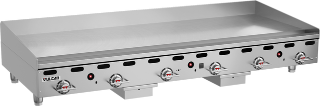 A large, stainless steel, heavy duty griddle with six temperature control knobs and indicator lights along the front. The flat 72 inch cooking surface features raised edges, a backsplash, and the Vulcan brand name on the lower left corner.