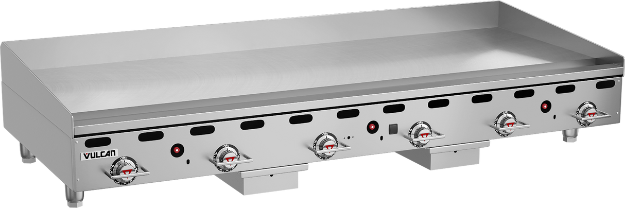 A large, stainless steel 72 inch heavy duty griddle with six control knobs and embedded temperature gauges on the front; the Vulcan brand name appears on the lower left. The flat cooking surface extends the full width of this countertop appliance.
