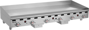 A large Vulcan 72 inch heavy duty griddle with six control knobs and indicator lights on the front. This stainless steel countertop gas griddle features a clean flat cooking surface, surrounded by a backsplash on the back and sides.