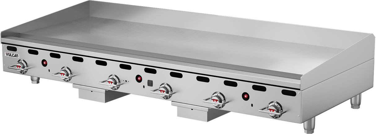 A large Vulcan 72 inch heavy duty griddle features six temperature control knobs, red indicator lights, sturdy legs, and raised edges. This stainless steel countertop gas griddle has a flat, smooth surface ideal for high-volume cooking.