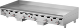 A large, heavy duty 72 inch griddle with six red-knobbed control dials, raised side and back splashes, ventilation slots, and sturdy legs. The Vulcan brand is visible on the left side of the stainless steel front panel.