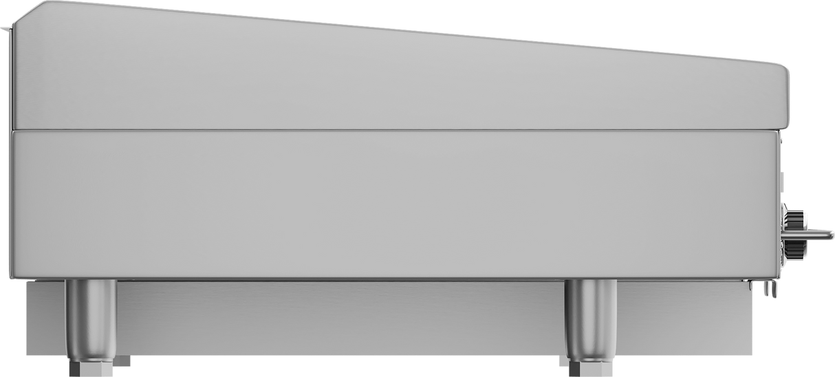Side view of a modern stainless steel countertop gas griddle with a slanted top and two control knobs on the right. This heavy duty griddle stands on four cylindrical legs, featuring a minimal, industrial design ideal for professional kitchens.