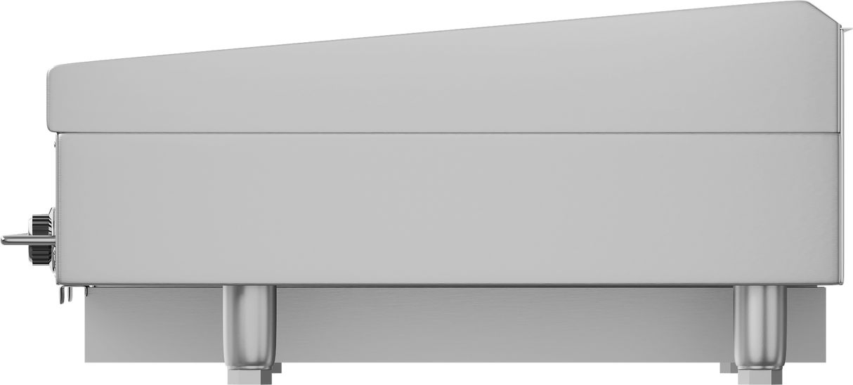 Side view of a stainless steel heavy duty griddle, possibly a countertop gas griddle. It features a slightly sloped top, control knobs on the left side, and stands on four sturdy cylindrical metal legs. The surface appears clean and industrial.