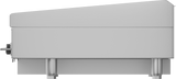 Side view of a heavy duty griddle, featuring a stainless steel commercial design with a slanted top, control knobs on the left, and four cylindrical metal legs, set against a plain white background.