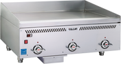 A heavy duty 36 inch griddle by Vulcan, this countertop gas griddle features three control knobs, raised side and back splash guards, a flat cooking surface, and sturdy short legs—perfect for busy commercial kitchens.