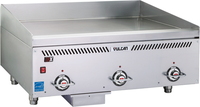 A heavy duty 36 inch griddle by Vulcan, this countertop gas griddle features three control knobs, raised side and back splash guards, a flat cooking surface, and sturdy short legs—perfect for busy commercial kitchens.