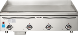 A commercial countertop gas griddle with three front control knobs, a VULCAN logo in the center, a smooth heavy duty griddle surface, and vented slits above the knobs. Features a blue certification sticker on the lower left front.