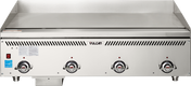 A commercial countertop gas griddle with three front control knobs, a VULCAN logo in the center, a smooth heavy duty griddle surface, and vented slits above the knobs. Features a blue certification sticker on the lower left front.